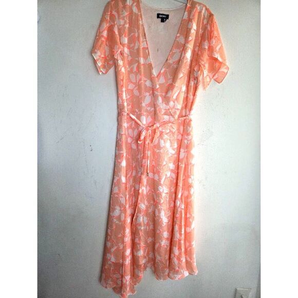 DKNY Women Pink Peach Floral Printed V-Neck Belted Midi Cocktail Dresss size 12 - Picture 7 of 9